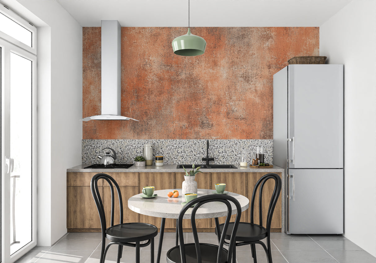 Terracotta textured wall mural in cozy living room setting with modern furniture