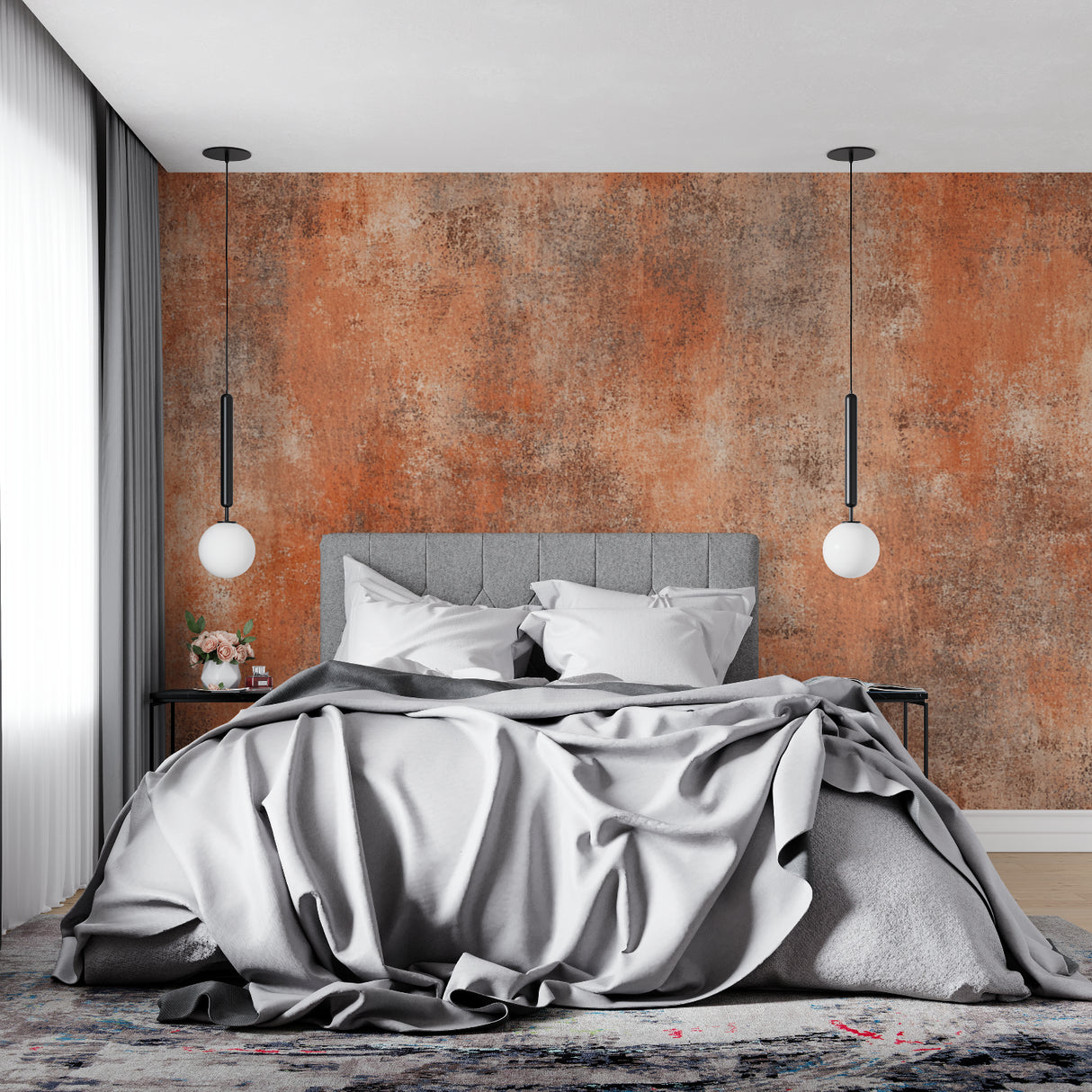 Industrial style wallpaper creating warm atmosphere in minimalist bedroom