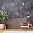 Concrete effect wallpaper in modern minimalist living room showing industrial style and texture