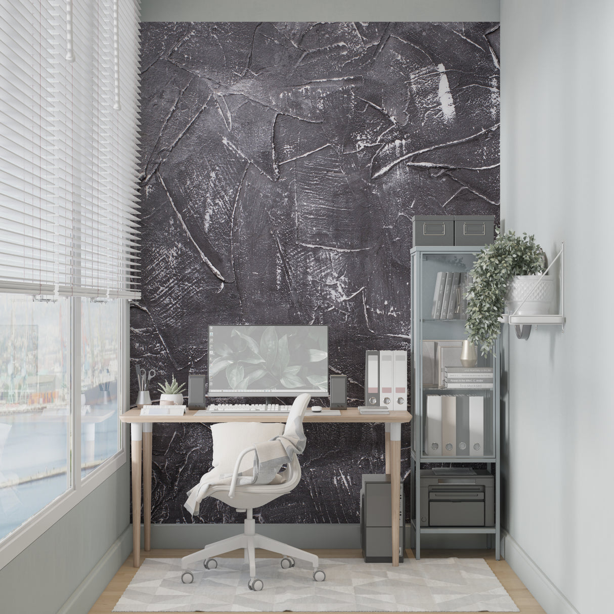 Industrial concrete wallpaper featured in contemporary office space