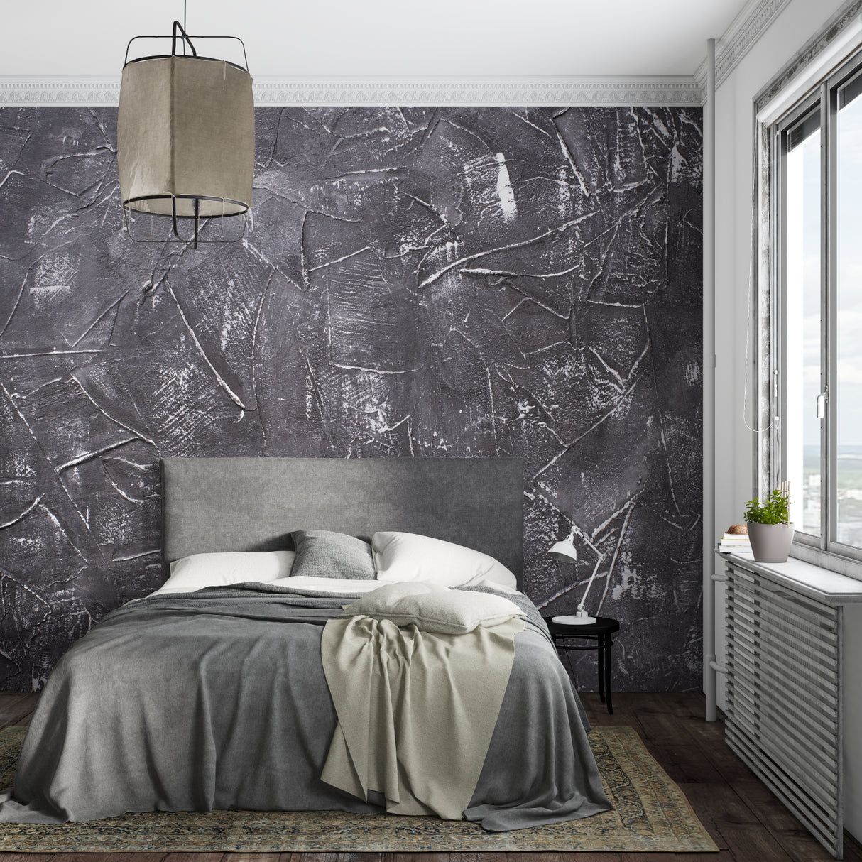 Textured concrete wall mural in urban dining room setting