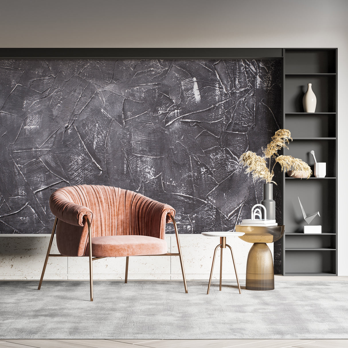 Concrete effect wall design showcased in modern bedroom