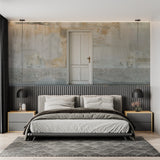 Vintage door wallpaper adding character to industrial style office space
