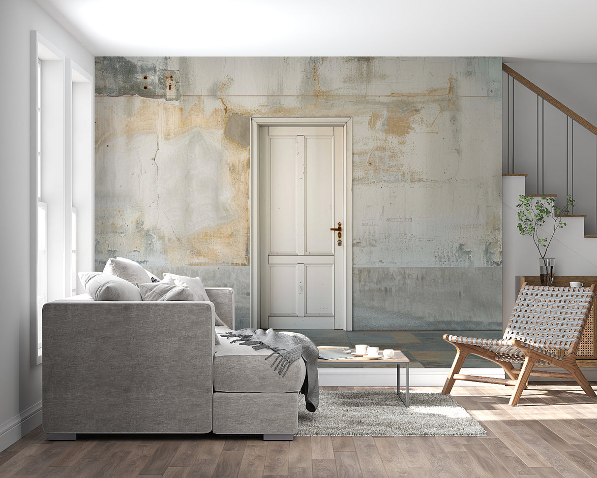 Industrial wallpaper making statement in minimalist hallway design