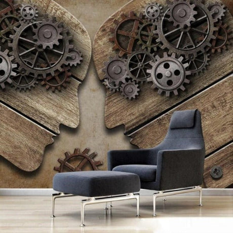 Industrial gear wallpaper in modern office space showing vintage mechanical design against exposed brick wall