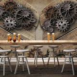 Steampunk wall mural featuring gears in industrial style restaurant setting