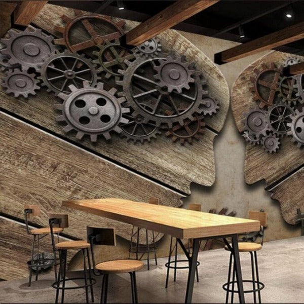 Vintage industrial wallpaper with gears and wood texture in contemporary living room