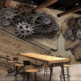 Vintage industrial wallpaper with gears and wood texture in contemporary living room