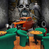 Vintage car wall mural transforming industrial style restaurant with exposed brick and pendant lighting