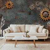 Metal gears wall mural adding character to a contemporary living room