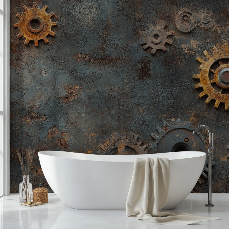 Steampunk gear wallpaper transforming a home office workspace
