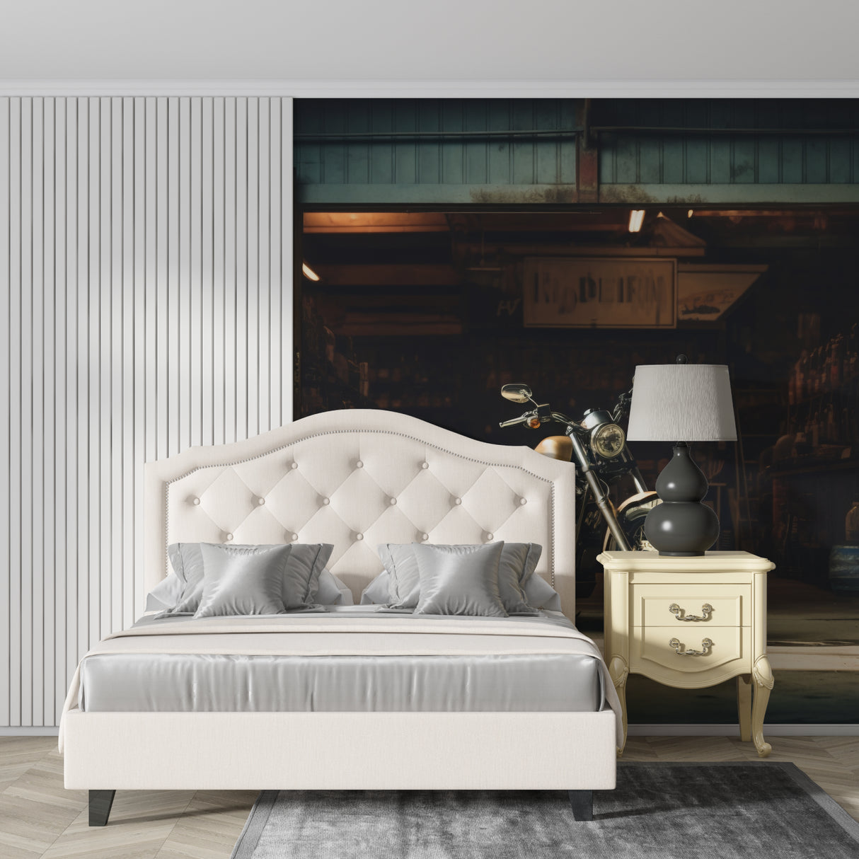 Motorcycle Garage Mural creating focal point in urban loft living room with leather sofa