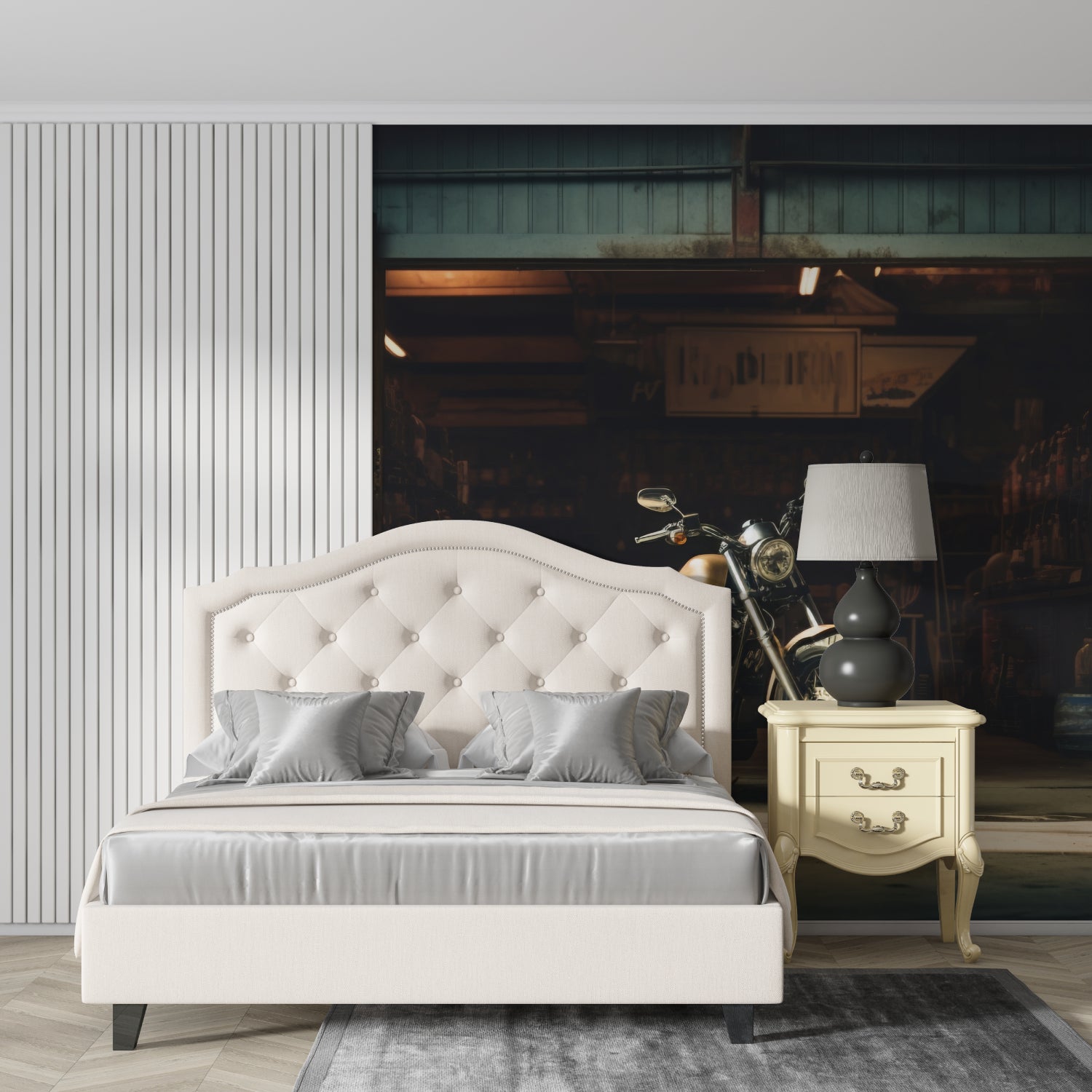 Motorcycle Garage Mural creating focal point in urban loft living room with leather sofa