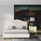 Motorcycle Garage Mural creating focal point in urban loft living room with leather sofa