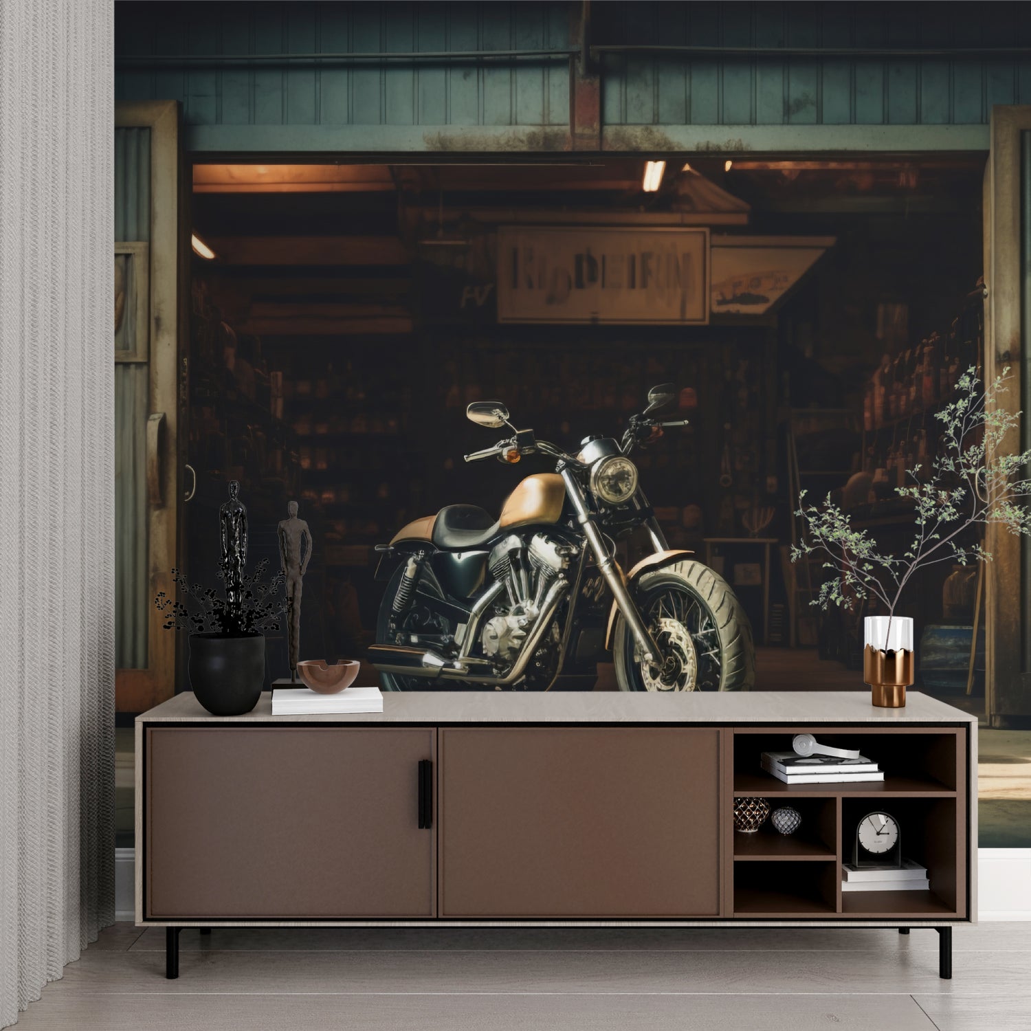 Industrial Motorcycle Wallpaper in man cave with pool table and workshop lighting