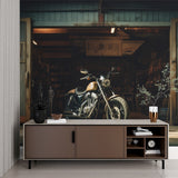Industrial Motorcycle Wallpaper in man cave with pool table and workshop lighting