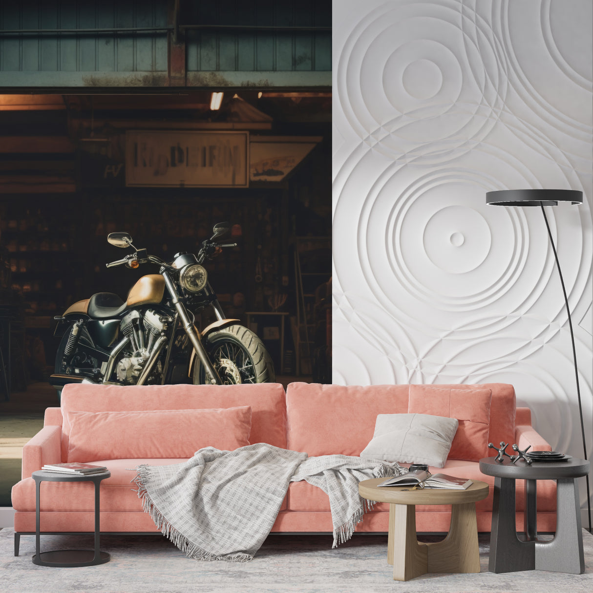 Motorcycle Workshop Wallpaper in contemporary dining room with metal chairs