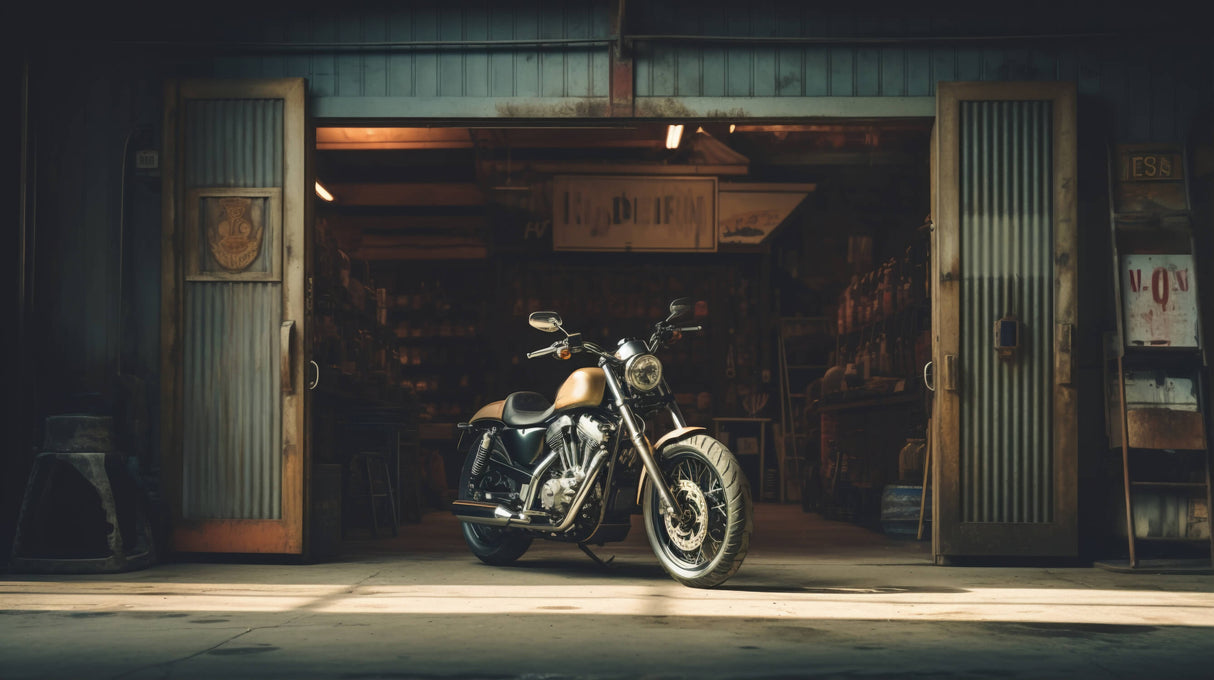 Vintage Motorcycle Garage design file showing detailed workshop scene with moody lighting