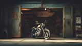Vintage Motorcycle Garage design file showing detailed workshop scene with moody lighting