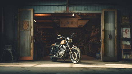 Vintage Motorcycle Garage design file showing detailed workshop scene with moody lighting