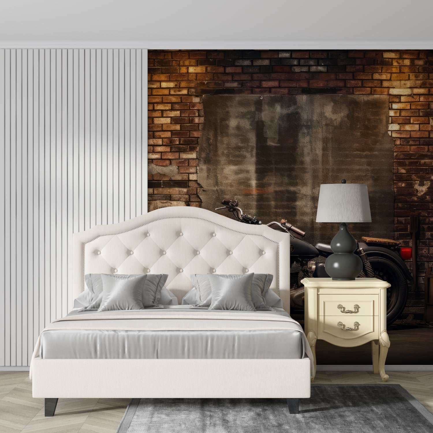 Industrial brick wallpaper with vintage motorcycle in modern loft living room, creating urban atmosphere