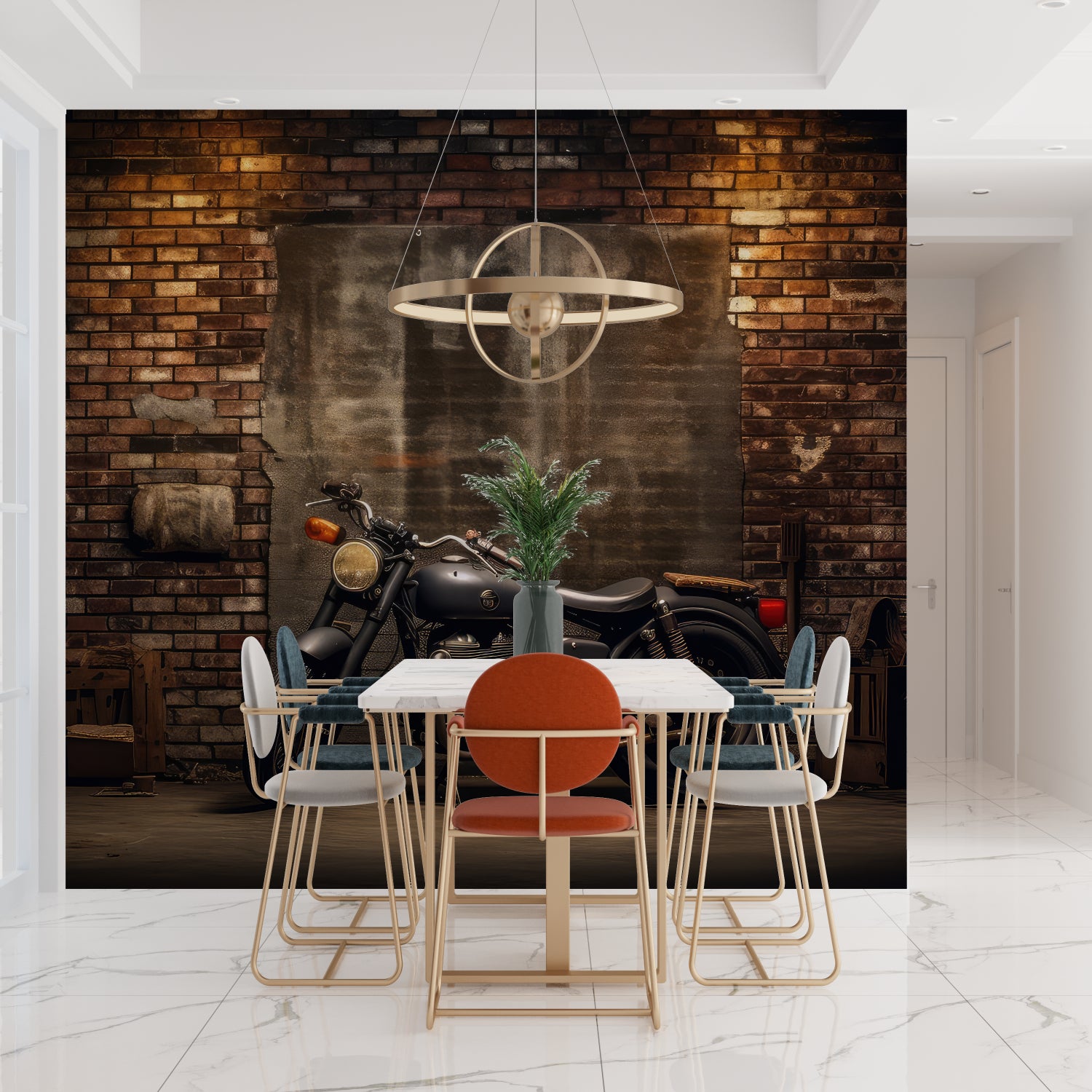 Vintage motorcycle wall mural adding character to industrial style garage space