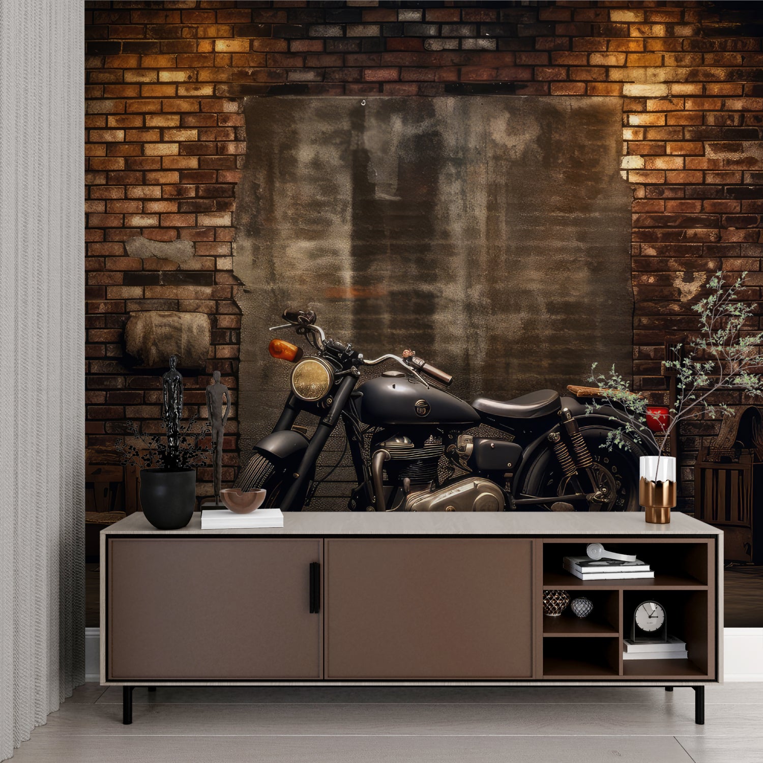 Industrial style wallpaper featuring motorcycle in trendy restaurant setting