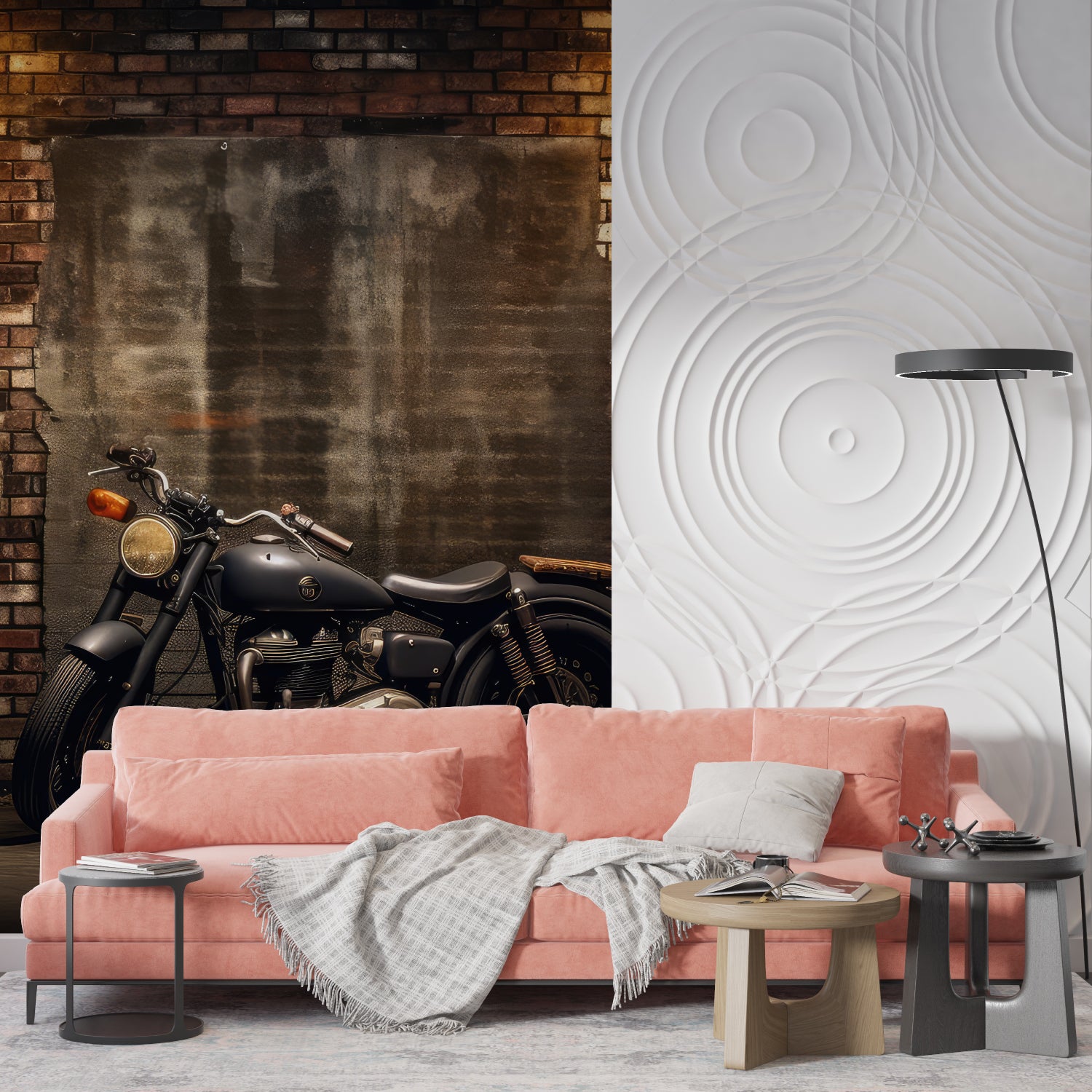Brick wall motorcycle mural transforming home office with urban edge