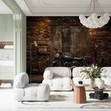 Vintage motorcycle wallpaper creating focal point in man cave setting