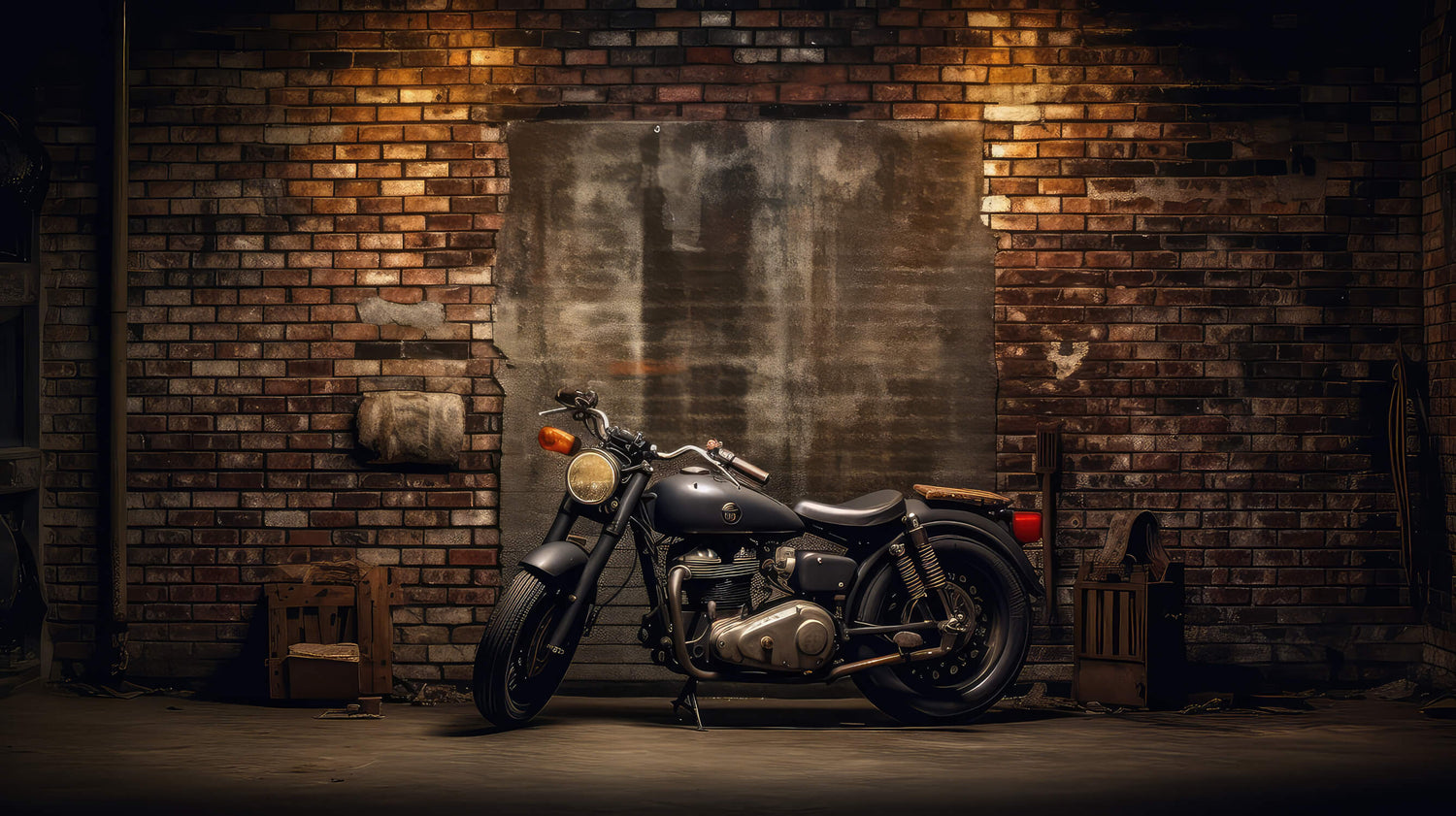 Design file showing detailed industrial brick wall and vintage motorcycle pattern