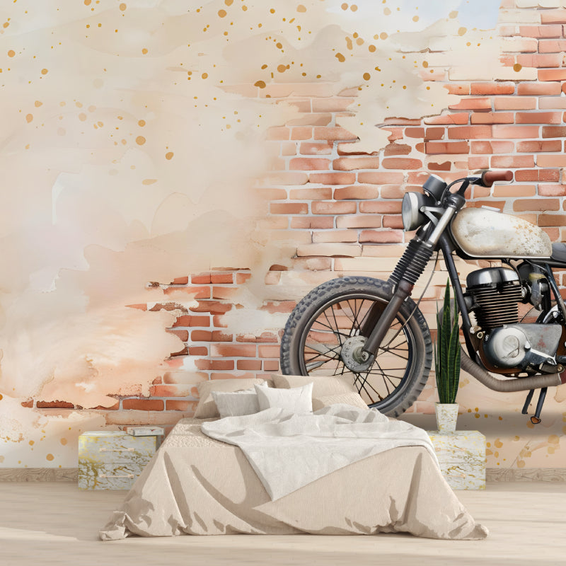 Vintage motorcycle wallpaper in modern industrial living room showing urban aesthetic and brick textures