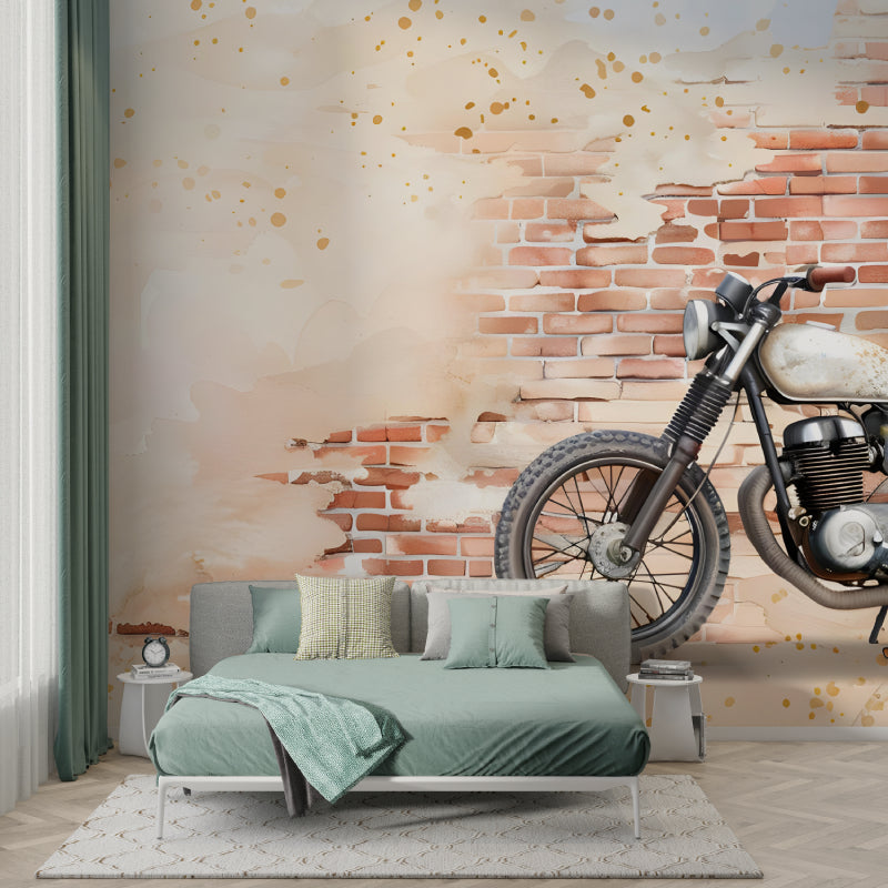 Industrial motorcycle wall mural in man cave with leather furniture and ambient lighting