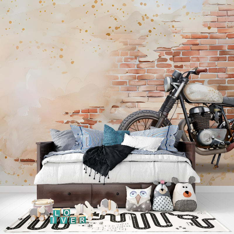 Urban motorcycle wallpaper design in garage office space with industrial decor