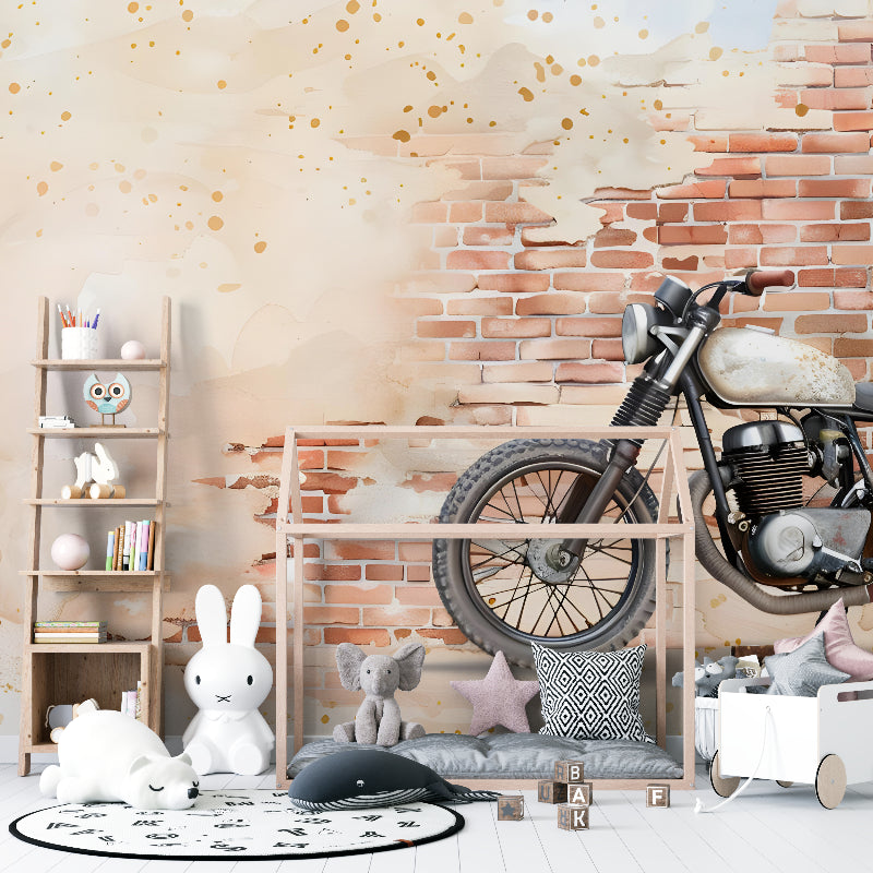 Vintage motorcycle brick wall mural in restaurant creating trendy industrial atmosphere