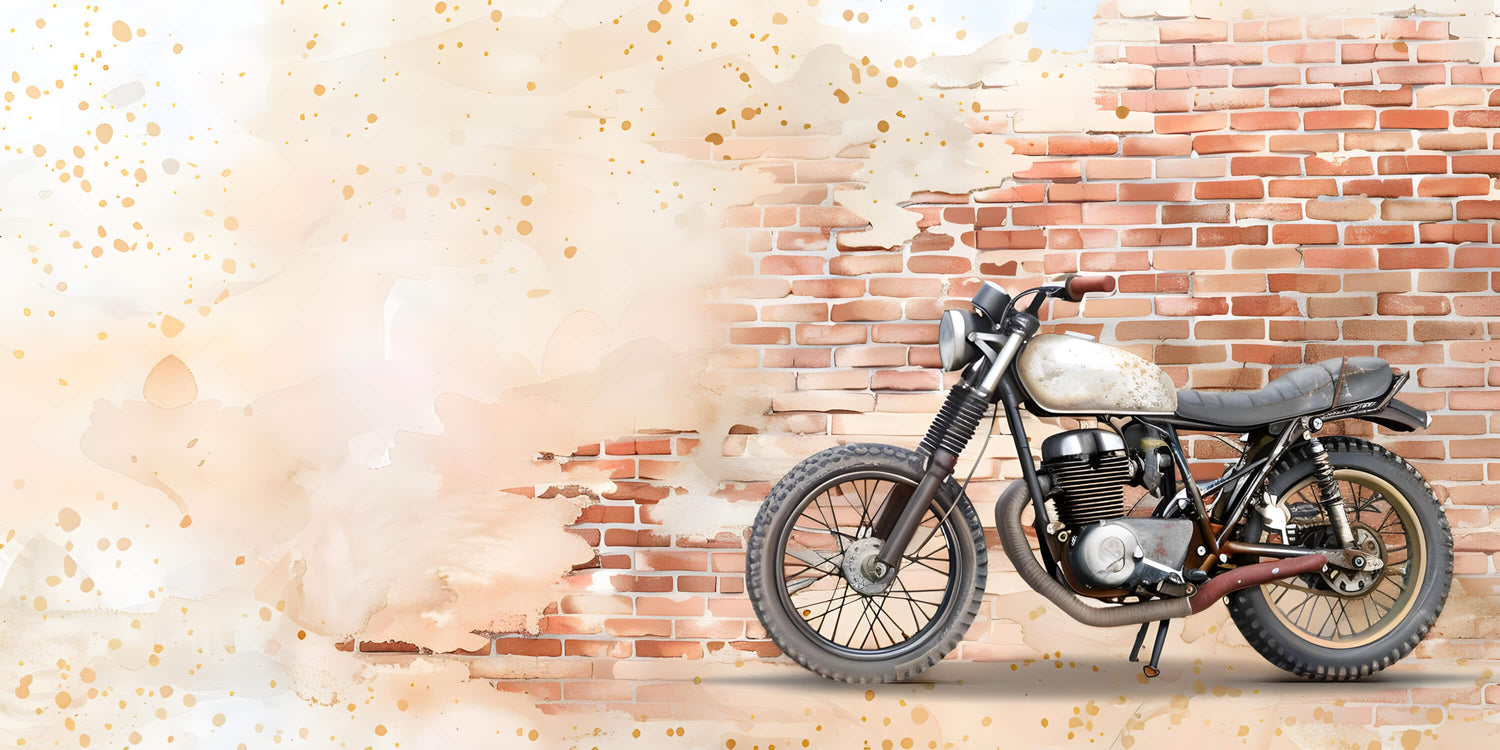 Design file of vintage motorcycle against brick wall pattern with golden accents