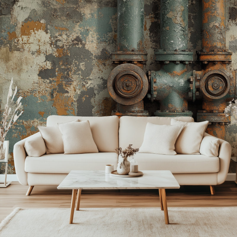 Industrial pipe wallpaper mural styled in modern loft living room with exposed brick and leather furniture