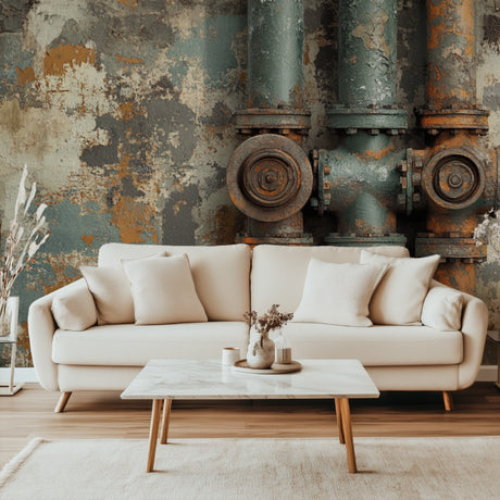 Industrial pipe wallpaper mural styled in modern loft living room with exposed brick and leather furniture