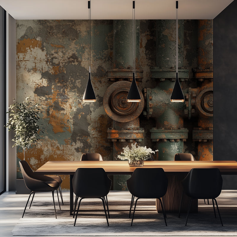 Vintage industrial wall mural featuring pipes in industrial style restaurant with metal fixtures