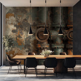 Vintage industrial wall mural featuring pipes in industrial style restaurant with metal fixtures