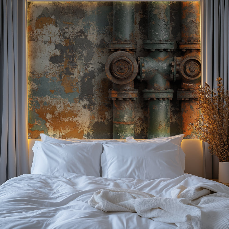 Industrial style wallpaper in urban office space with concrete floors and metal furniture