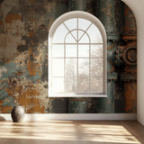 Rustic pipes wallpaper mural in contemporary bedroom with minimalist decor
