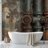 Industrial pipe mural in modern home bar area with exposed beams and metal stools