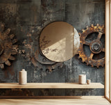 Mechanical gear mural in industrial-style restaurant with metal fixtures