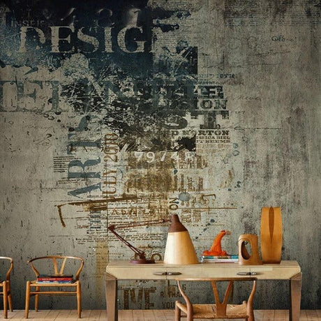 Industrial typography wallpaper creating a trendy coffee shop atmosphere in modern living room