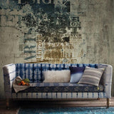 Vintage industrial wall mural with typography in urban style home office setting