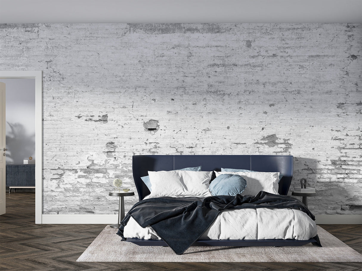 White brick industrial wallpaper in modern living room setting showing texture and depth