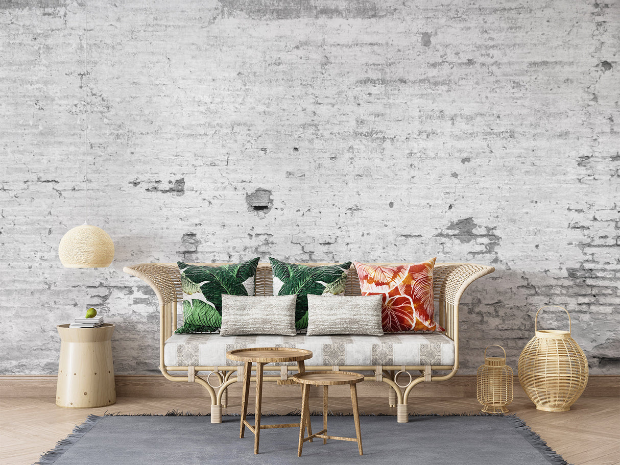 Distressed white brick mural in contemporary kitchen space