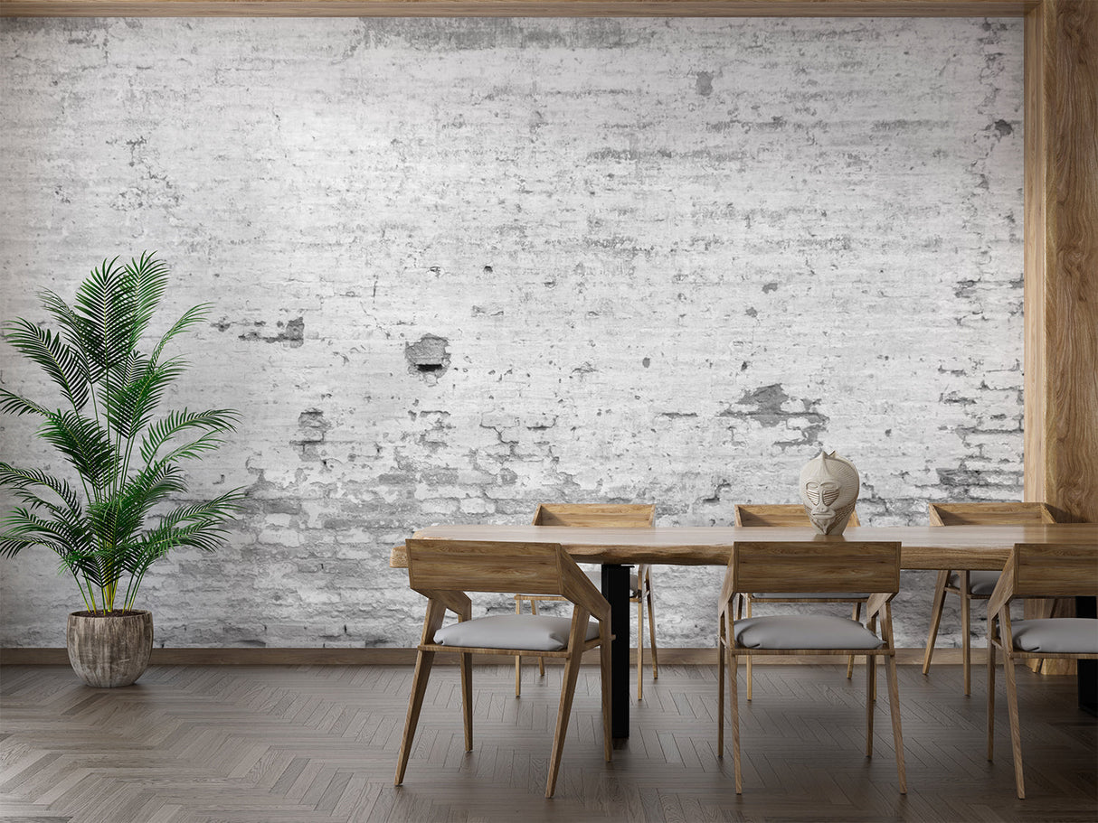Industrial brick wallpaper creating feature wall in dining room