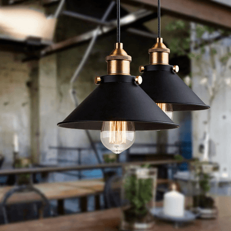 Industrial Pendant Light  Black Metal Shade With Brass Accents - Detailed view