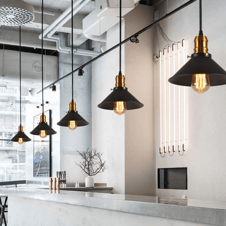 Industrial Pendant Light  Black Metal Shade With Brass Accents - Product detail 8